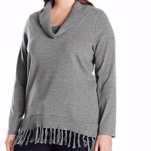 Rafaella sz L Petite grey cowl neck fringe tassel hem cotton blend sweater
